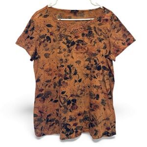 Hannah Orange Burnout Floral Lace Trim Lightweight Top Size Large